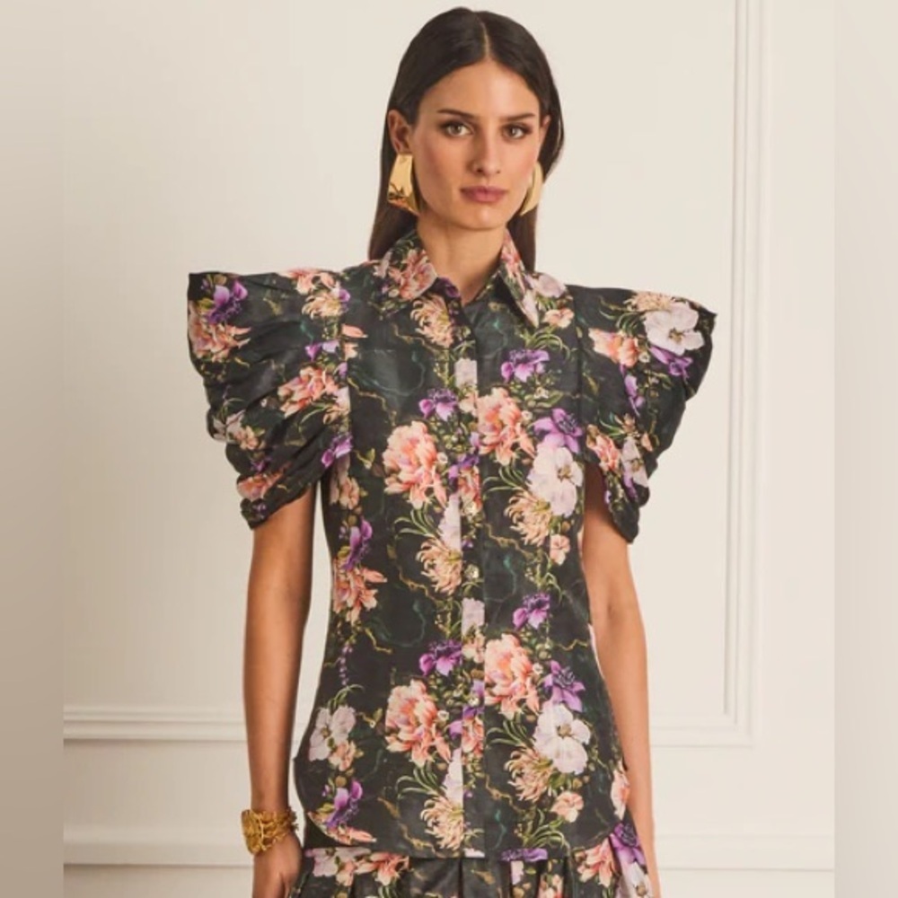 Aqua Blu Australia Tempest Vivien Top Floral Button Down Black Small Linen Silk